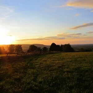View of downland habitat at dawn, Chinnor Hill Nature Reserve, Chilterns, Oxfordshire, England, october