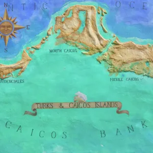 Caribbean, TURKS & CAICOS-Providenciales island-Grace Bay: Mural Map of Turks