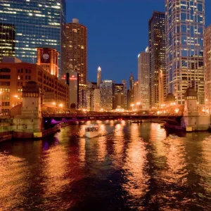 Chicago, Illinois, Skyline and Chicago River at Night