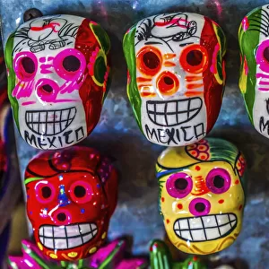 Colorful Mexican magnets. Day of the Dead handicrafts, Los Cabos, Cabo San Lucas, Mexico