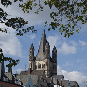 Germany, Cologne (aka Koln). Historic St. Martin church. View from waterfront park area