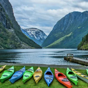 Gudvangen Norway fabulous fjord called Naeroyforden Fjord with colorful kayaks in water