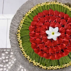 Indonesia, Bali. Close-up of a Balinese floral offering to various deities. Credit as