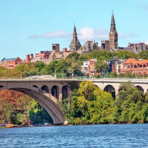 Key Bridge Potomac River Georgetown University Washington DC from Roosevelt Island