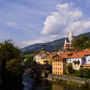 Old historical old town of Murau Austria downtown and churches and Mur River