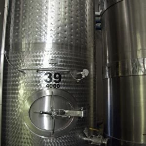 South Africa, Cape Town. Stellenbosch wine area, Zevenwacht Winery. Stainless steel storage tank