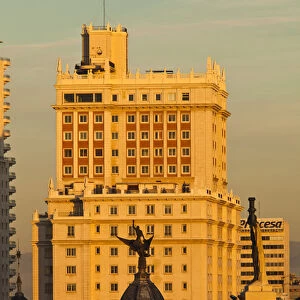 Spain, Madrid, Centro Area, elevated view of buildings along Gran Via and Edificio Espana
