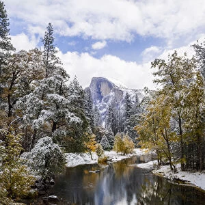 Swinging Bridge. Autumn first snow in Yosemite National Park, California, USA
