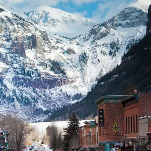 USA, Colorado, Telluride, Main Street and Ajax Peak, winter