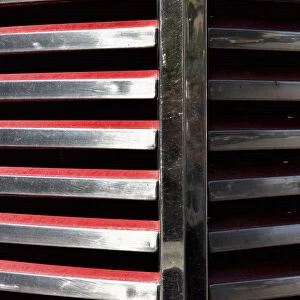 USA, Palouse, Washington State. Chrome grille on a red antique truck in the Palouse