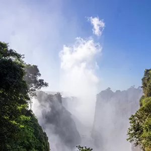 Victoria Falls water and drops in the air. Zambezi National Park. Zimbabwe
