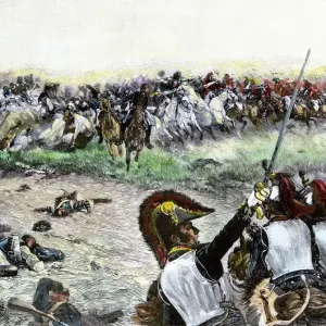 Hand-colored engraving print of the Battle of Waterloo Cavalry charge Hand-colored engraving print of the Battle of Waterloo Cavalry charge