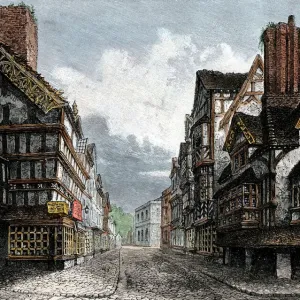 High Street, Shrewsbury Print: A Hand-colored Woodcut of Tudor England High Street, Shrewsbury Print: A Hand-colored Woodcut of Tudor England