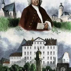 Print of Johann Sebastian Bach with scenes from his life Print of Johann Sebastian Bach with scenes from his life