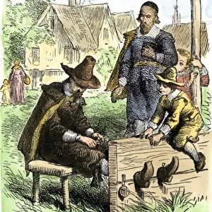 Puritan in the stocks as punishment in Massachusetts, 1600s