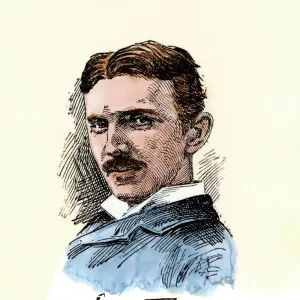 Nikola Tesla Print, Hand-colored Woodcut Portrait Nikola Tesla Print, Hand-colored Woodcut Portrait