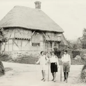 Hikers outside Bignor Old Shop, 1931