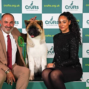 Andrea Ferron Torres and Jose Luis Arrabal Sanchez from Spain, with Rumba, an Akita, which was the Best of Breed winner today (Sunday 12.03.23), the last day of Crufts 2023, at the NEC Birmingham