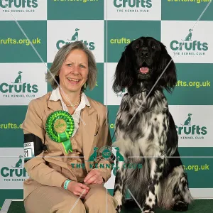 Annette Davis-Green from Worksop with Michael, a Large Munsterlander, which was the Best of Breed winner today (Thursday 09.03.23), the first day of Crufts 2023, at the NEC Birmingham