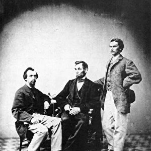 1863. Abraham Lincoln (1809-1865), 16th President of the United States (center), with his secretaries John G. Nicolay (left) and John M. Hay (right). Photographed by Alexander Gardner, Washington, D. C. 8 November 1863
