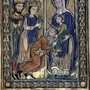 ADORATION OF MAGI. Late 12th century or early 13th century French manuscript illumination