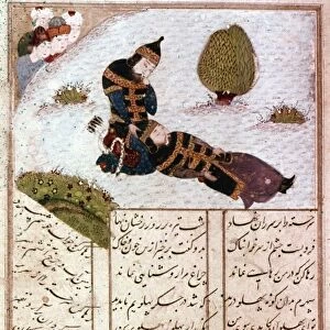 ALEXANDER THE GREAT comforting the dying Darius III. Persian miniature, 1474