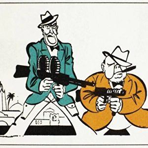 American cinema: The last gangster film. U. S. President Franklin Roosevelt (left) and British Prime Minister Winston Churchill in a satirical cartoon, 18 November 1942, by Ralph Soupault for the French newspaper Le Petit Parisien