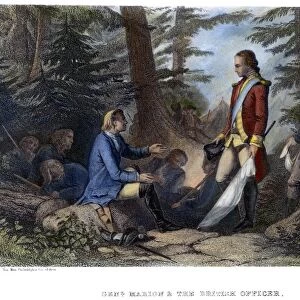 American revolutionary soldier. Francis Marion inviting a British officer to dine with him on roasted sweet potatoes and cold water: steel engraving, 19th century