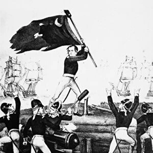 American Revolutionary War hero. Sergeant Jasper replacing South Carolinas banner during the victory over the British at Fort Moultrie, South Caronlina, 1776. Lithograph, 19th century