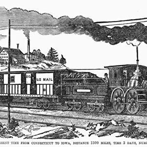 AMERICAN TRAIN, 1850s. Train connecting Iowa and Connecticut, 1, 300 miles, in three days, carrying 360 passengers, luggage, and U. S. mail. Wood engraving, American, 1850s