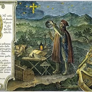 AMERIGO VESPUCCI. Observing the Southern Cross. Color engraving, c1585, by Andrianus Collaert after Stradanus