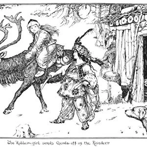 ANDERSEN: THE SNOW QUEEN. The Robber-girl sends Gerda off on the Reindeer. Drawing by Henry J