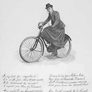 ARISTOCRAT ON WHEELS, c1900. Madame Richard Lesclide on her bicycle and a poem