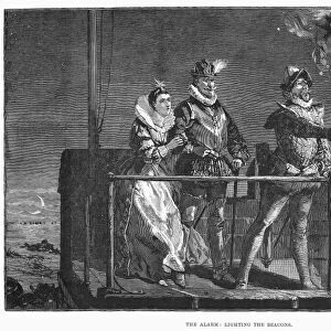 ARMADA: ENGLISH BEACON. Lighting the beacon to warn of the arrival of the Spanish Armada off the coast of England in 1588. Line engraving, 19th century