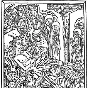 ARS MORIENDI, 1471. Angels vying with and triumphing over demons for the soul of a dying man