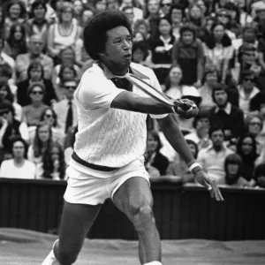 ARTHUR ASHE (1943-1993). American tennis player. Photographed during his match against Jimmy Connors in the mens singles final at Wimbledon, won by Ashe in four sets, 5 July 1975