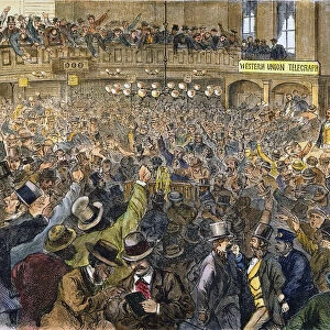 BANK PANIC: 1869. The interior of the New York City Gold Room during the Gold Panic on Black Friday, Sept. 24, 1869: contemporary colored engraving