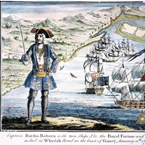 BARTHOLOMEW ROBERTS. The pirate Bartholomew Roberts shown with his ships Royal Fortune and Ranger, and the 11 ships they captured off the Guinea coast of Africa in 1722. Line engraving, English, 1724