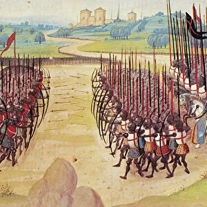 BATTLE OF AGINCOURT, 1415. Battle between the French and English at Agincourt, France, 1415, with archers in the front and cavalry massed behind them. French manuscript illumination, early 15th century