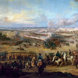 BATTLE OF FONTENOY, 1745. Marshal Maurice de Saxe leads French forces against the