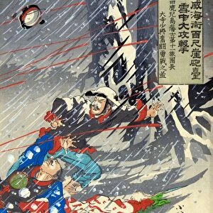 A battle during the Sino Japanese War between Chinese soldiers and Japanese General Major Odera in a snowstorm at Weihaiwei Bay, resulting in Oderas death. Right panel of a triptych, color woodcut by Kokunimasa Utagawa, c1895