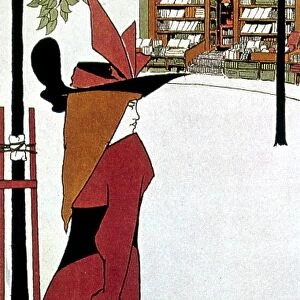BEARDSLEY: POSTER DESIGN. A fashionably dressed young woman approaching a book store. Illustration by Aubrey Beardsley for an advertising poster for a London book publisher, c1895