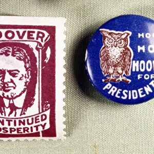 Campaign button and sticker supporting Herbert Hoover, the Republican candidate in the 1928 presidential election