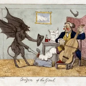 Print of an upper-class man playing the cello with a gouty leg Print of an upper-class man playing the cello with a gouty leg