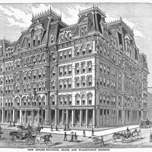 CHICAGO: SINGER BUILDING. The new Singer Building, State and Washington Streets, Chicago, Illinois. Wood engraving, American, 1878