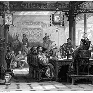 CHINA: MANDARINs HOME. Dinner party at a mandarins home in China. Steel engraving, English, 1843, after a drawing by Thomas Allom