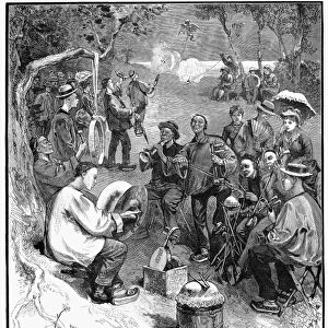 CHINESE PICNIC, 1883. Celestial musicians entertain at a picnic, held by Chinese immigrants from New York, at Iona Island (near Bear Mountain in the Hudson River), New York. Wood engraving from an American newspaper of 1883