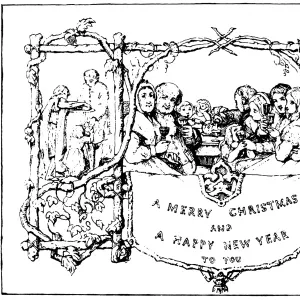 CHRISTMAS CARD, 1843. The first Christmas card, designed for Sir Henry Cole in 1843 by John Calcott Horsley, R. A