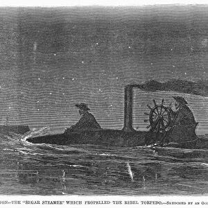 CIVIL WAR: TORPEDO BOAT. During the Union blockade of Charleston Harbor in the American Civil War, the Segar Steamer, a Confederate torpedo boat, appoaches a Union ironclad. Wood engraving, American, 1863