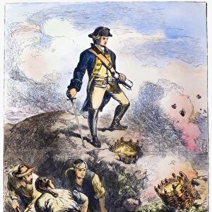 Colonel William Prescott in the redoubt on Breeds Hill during the Battle of Bunker Hill, 17 June 1775. Line engraving, 19th century